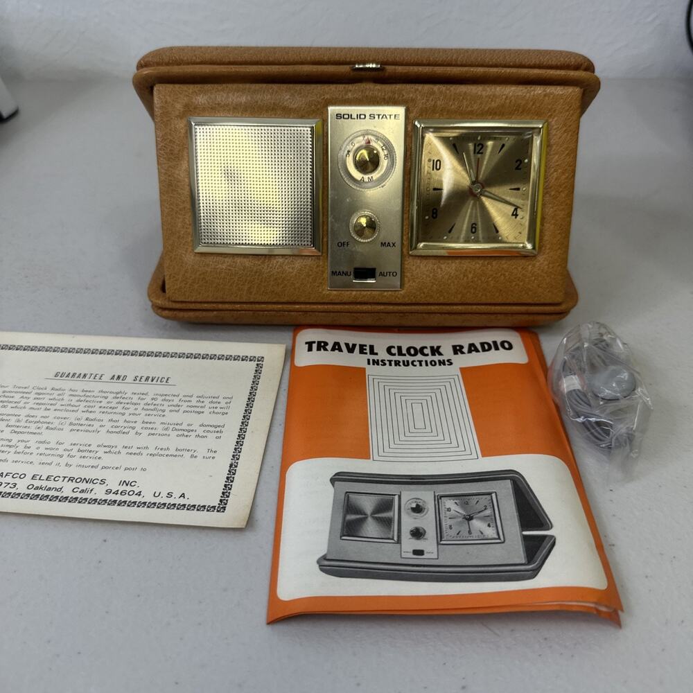 Vintage Portable Traveling Radio Transistor Alarm Clock with Cognac Leather Case